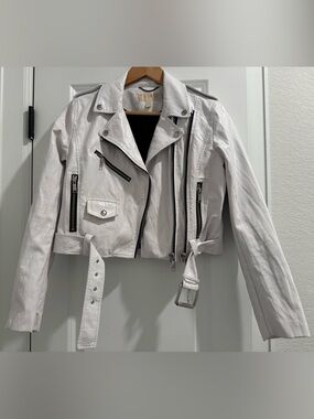 Michael Kors White Faux Leather Moto Jacket with Belted Waist